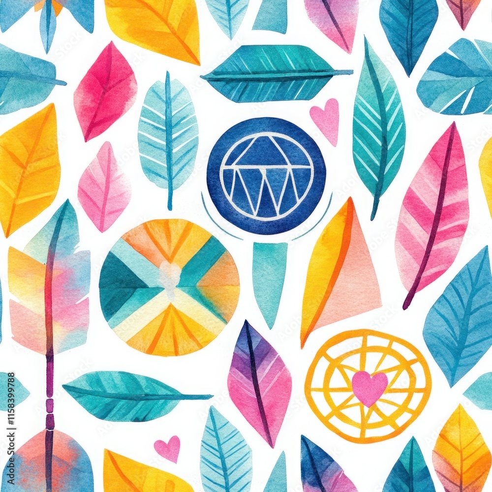 Vibrant Watercolor Pattern Featuring Leaves, Feathers, Geometric Shapes, and Colorful Elements for Artistic and Decorative Use in Craft Projects Vibrant Watercolor Pattern Featuring Leaves, Feathers, Geometric Shapes, and Colorful Elements for Artistic and Decorative Use in Craft Projects