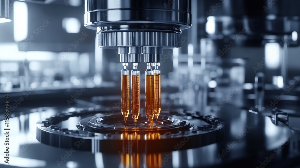 Close-up of automated filling machine injecting amber liquid into vials. Illustrates pharmaceutical production and precision filling processes.