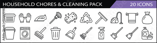 Set of 20 Household Chores and Cleaning Icons Pack - A practical collection of 20 household chores-themed line icons, including brooms, sponges, recycling, mops, and washing tools.