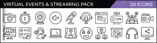 Set of 20 Virtual Events and Streaming Icons Pack - A modern collection of 20 virtual events-themed line icons, showcasing video calls, streaming tools, microphones, and digital engagement symbols.