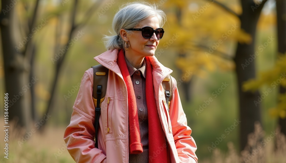 Mature Woman Hiking Autumn Park Relaxed Outdoors Mature Woman Hiking Autumn Park Relaxed Outdoors