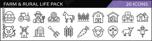 Set of 20 Farm and Rural Life Icons Pack - A rustic collection of 20 farm and rural life-themed line icons, showcasing barns, crops, animals, tools, and countryside visuals.