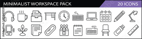 Set of 20 Minimalist Workspace Icons - A sleek collection of 20 workspace-themed line icons, including desks, laptops, stationery, and office essentials in a minimalist style.