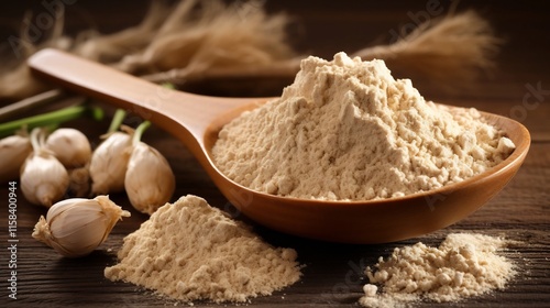 Close up of maca root powder extract displayed with a wooden spoon and dried maca roots captured in soft natural lighting  Maca is a superfood known for its nutritional and adaptogenic benefits photo