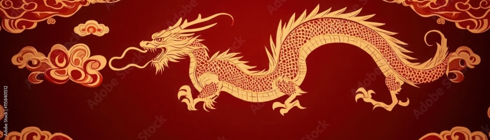 Fiery Golden Dragon Artwork on Rich Red Background Symbolizing Strength and Prosperity in Asian Culture, Ideal for Celebrations and Festivals Fiery Golden Dragon Artwork on Rich Red Background Symbolizing Strength and Prosperity in Asian Culture, Ideal for Celebrations and Festivals