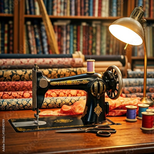 A vintage sewing machine sits on a wooden table, surrounded by colorful bolts of fabric and spools of thread. A desk lamp casts a warm glow over the scene, creating a cozy and inviting atmosphere. photo