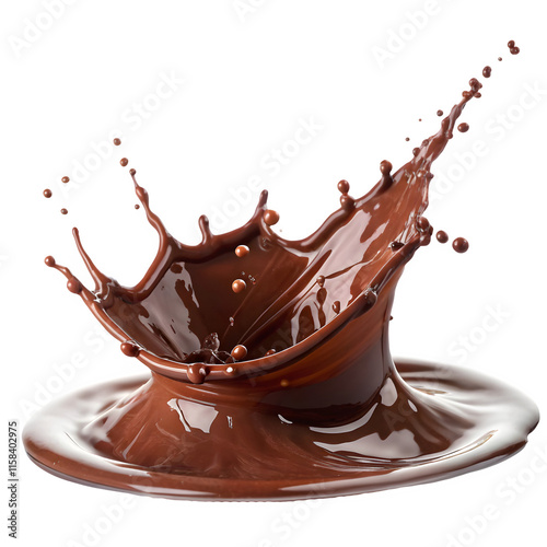 Chocolate pieces surrounded by a dynamic and glossy splash of melted chocolate perfect for advertising or promoting chocolate products