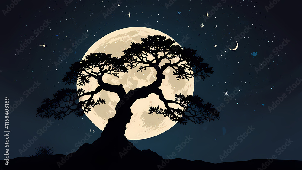 Illustrate a flat-style bonsai silhouette surrounded by a circular frame representing the moon Illustrate a flat-style bonsai silhouette surrounded by a circular frame representing the moon