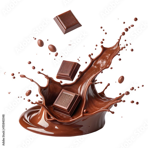 Chocolate pieces surrounded by a dynamic and glossy splash of melted chocolate perfect for advertising or promoting chocolate products