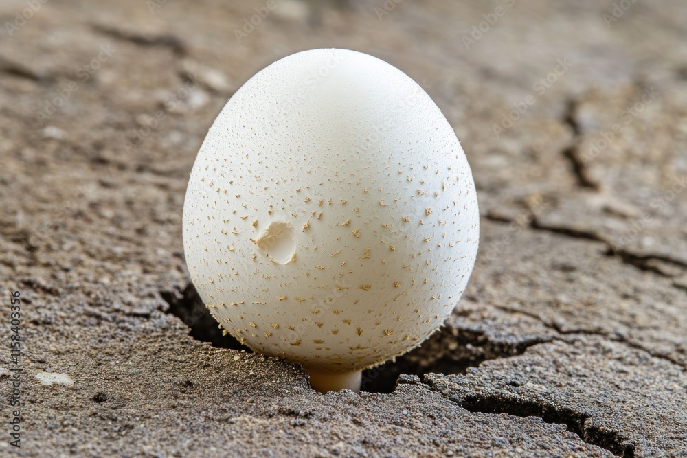 Close-up of a single, round, white mushroom emerging from cracked earth. Close-up of a single, round, white mushroom emerging from cracked earth.