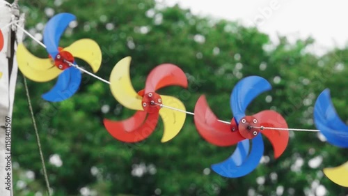 Wind spinners medium shot with some camera movements along the spinners.