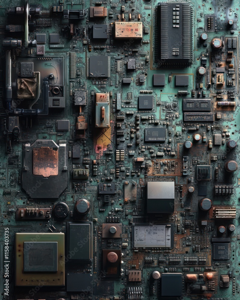 Close-up of a weathered, teal circuit board with various electronic components, showing signs of age and use. Close-up of a weathered, teal circuit board with various electronic components, showing signs of age and use.