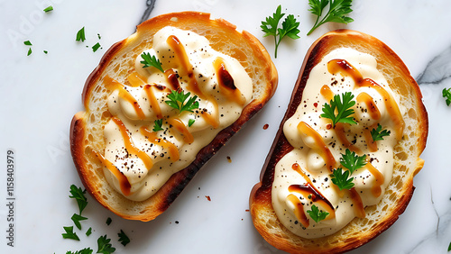Wallpaper Mural Overhead shot of two slices of toast topped with creamy egg salad, drizzled with sauce, and garnished with parsley.  Perfect for breakfast or brunch. Torontodigital.ca