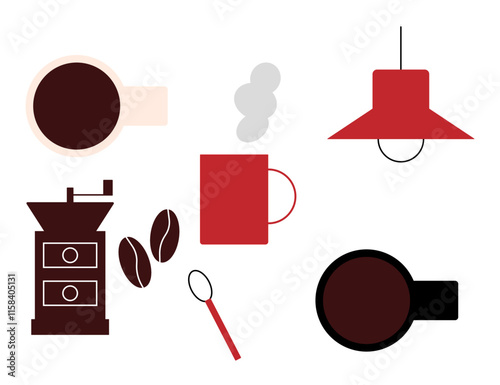 カフェのベクターイラスト（コーヒーミル、コーヒー豆、マグカップ、ライト、スプーン）のセット