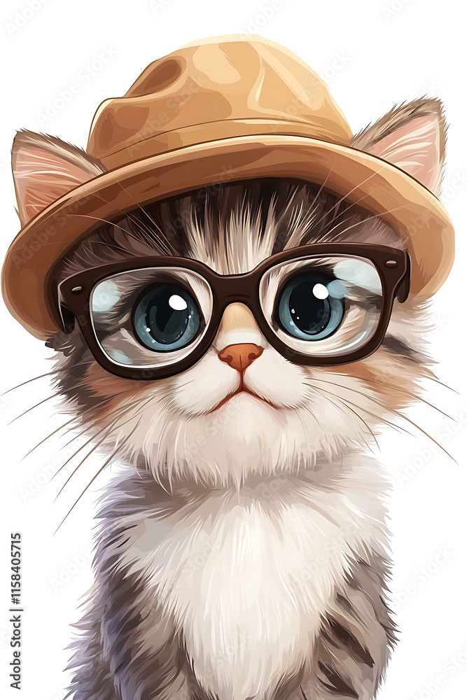 Fototapeta premium A cute kitten wearing glasses and a hat, exuding charm and playfulness.