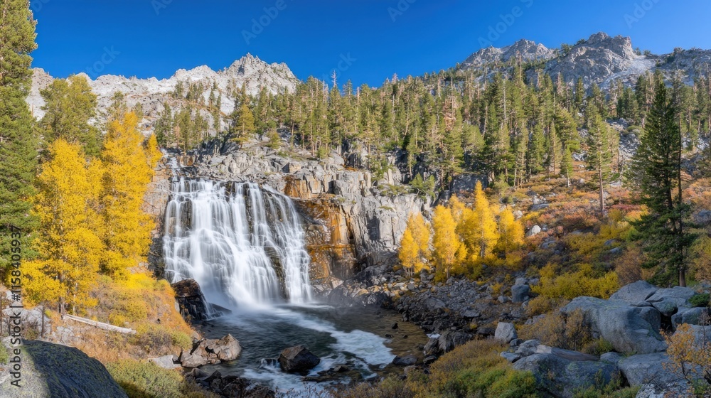 Panoramic view of a waterfall cascading down rocky terrain, surrounded by vibrant autumn foliage and towering mountains under a clear blue sky. Panoramic view of a waterfall cascading down rocky terrain, surrounded by vibrant autumn foliage and towering mountains under a clear blue sky.