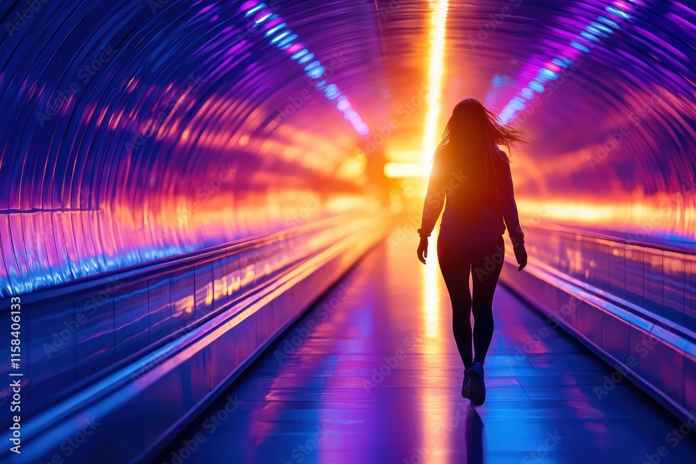 A silhouette of a person walking through a colorful, illuminated tunnel, showcasing vibrant lights and a sense of movement. A silhouette of a person walking through a colorful, illuminated tunnel, showcasing vibrant lights and a sense of movement.