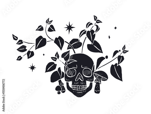 Hand drawn sketchy human skull surrounded by nettle leaves and muchrooms isolated on white background. Doodle skeleton head tattoo design