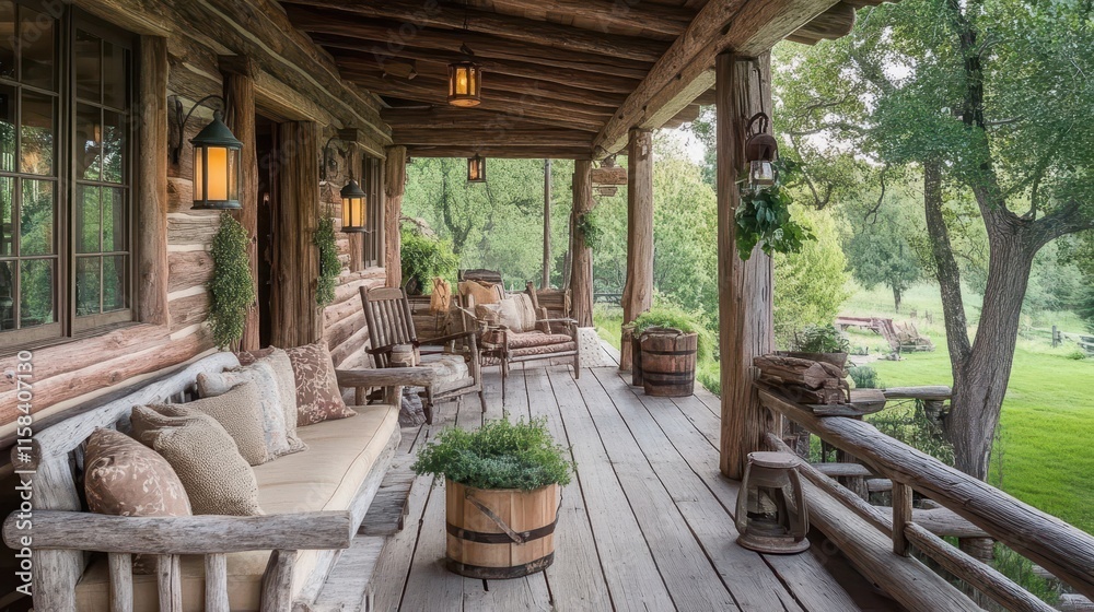Rustic Log Cabin Porch With Wooden Furnishings And Greenery Rustic Log Cabin Porch With Wooden Furnishings And Greenery