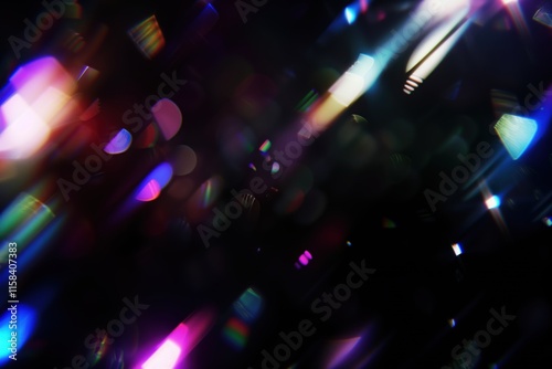 Abstract light beams in vibrant colors, bokeh and sparkling particles overlay on dark background. Rays of light, rainbow crystal glass light refraction effect. photo