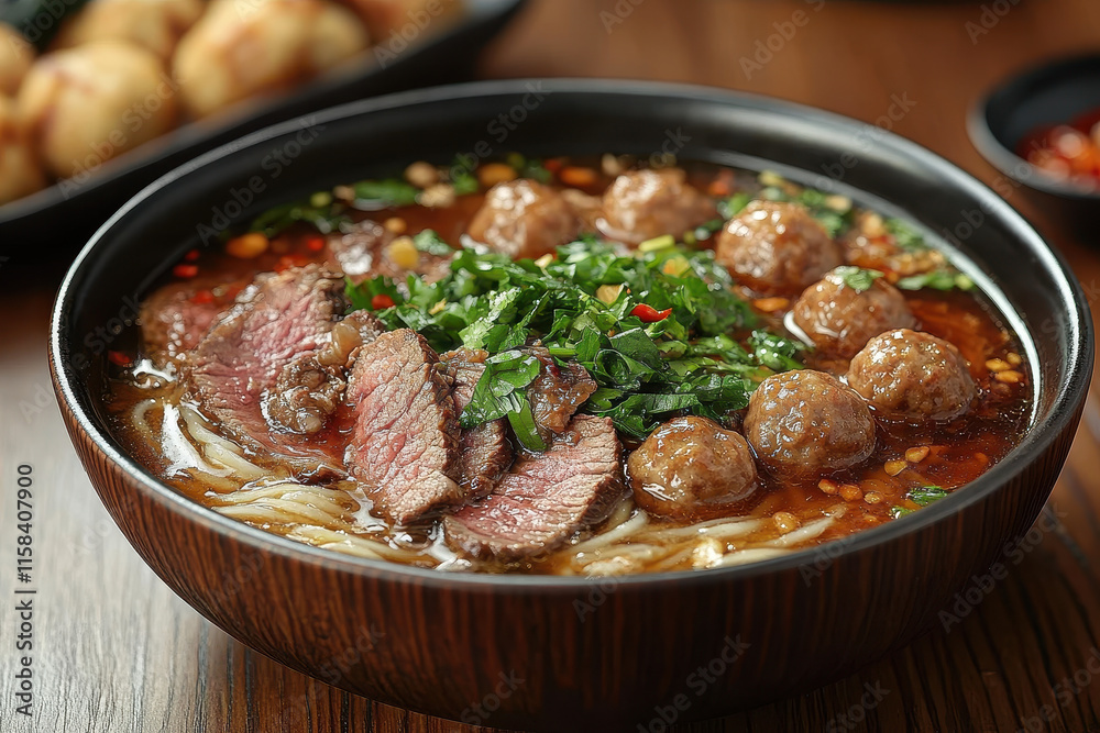 Beef and Noodles, Herbs, Wooden Board on Black Dining Table with Condiments, Overhead Angle Beef and Noodles, Herbs, Wooden Board on Black Dining Table with Condiments, Overhead Angle