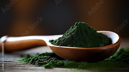Closeup of Spirulina Powder Extract Displayed with Wooden Spoon and Fresh Green Algae Superfood Ingredients for Healthy Nutrition and Wellness