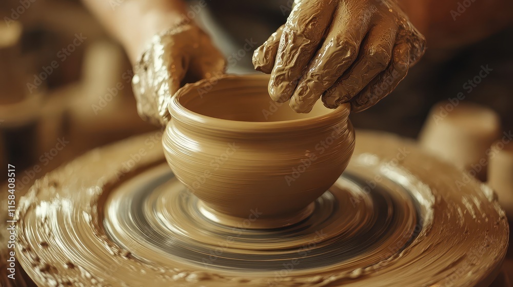 Hands shaping clay on a pottery wheel, creating a bowl. Perfect for crafts, pottery, or handmade product websites. Hands shaping clay on a pottery wheel, creating a bowl. Perfect for crafts, pottery, or handmade product websites.