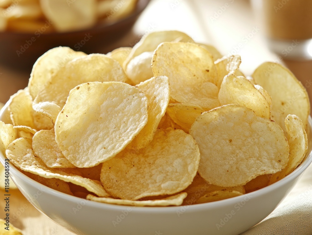 Close-up of a bowl filled with crispy, light-brown potato chips. Close-up of a bowl filled with crispy, light-brown potato chips.