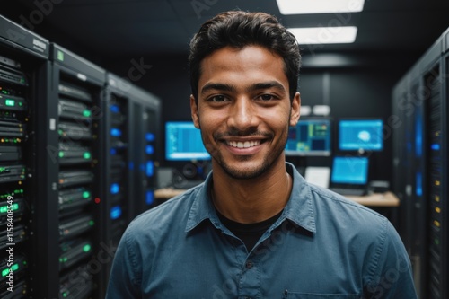 Close portrait of a smiling young Cabo Verdean male IT worker looking at the camera, against dark server room blurred background. photo