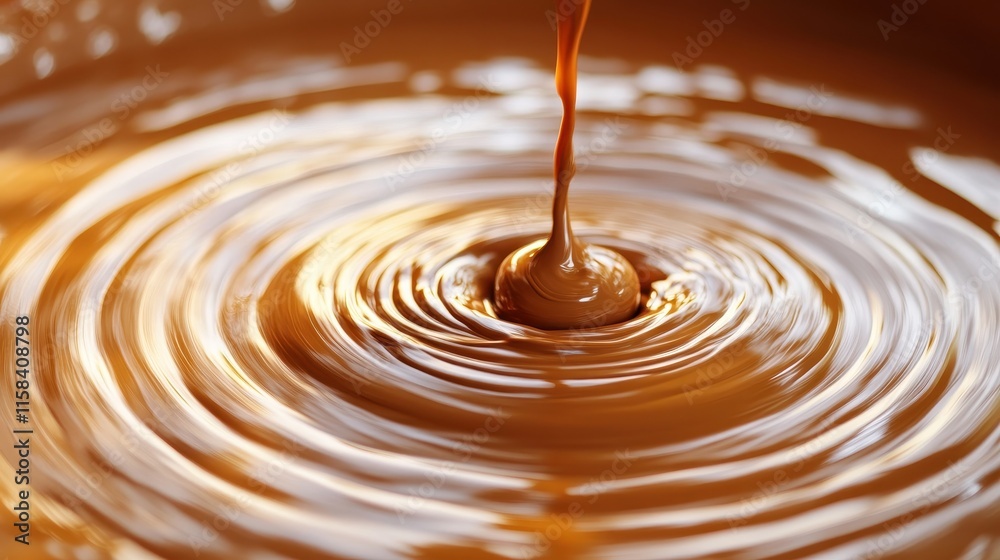 Melted chocolate swirls creating concentric circles; rich, brown liquid pours into the center. Perfect for food, dessert, or confectionery related projects. Melted chocolate swirls creating concentric circles; rich, brown liquid pours into the center. Perfect for food, dessert, or confectionery related projects.