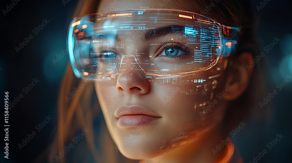Woman wearing futuristic smart glasses displaying data. Woman wearing futuristic smart glasses displaying data.