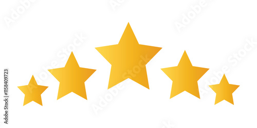Five stars review. Golden yellow customer feedback stars. Top rate reward icons, quality product symbol. Vector set. Premium service award, client opinion