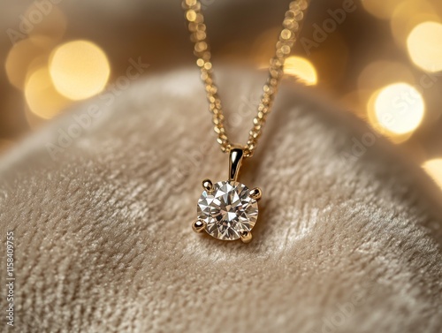 Elegant gold necklace with a solitaire diamond pendant rests on soft beige velvet, bokeh lights in background.