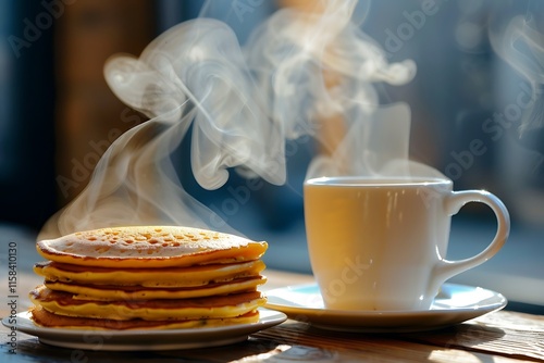 A stack of goldenbrown pancakes steaming on a plate, next to a warm mug of coffee emitting steam. A cozy breakfast scene.