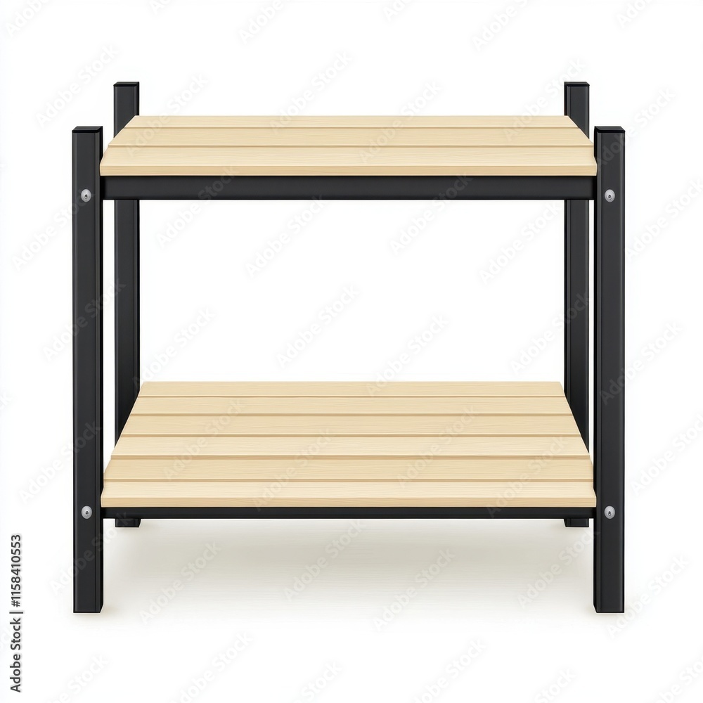 Two-Tier Wooden Shelf with Black Metal Frame.