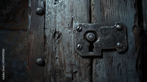 Close-up of an antique, weathered wooden door with a rusty metal lock and keyhole.