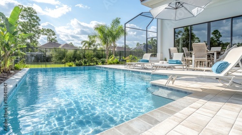 Luxury home backyard with inviting swimming pool  patio furniture  and lush landscaping.