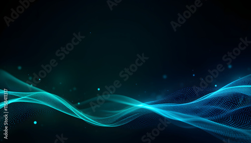 Dynamic abstract waves in blue tones with glowing dots against a dark background