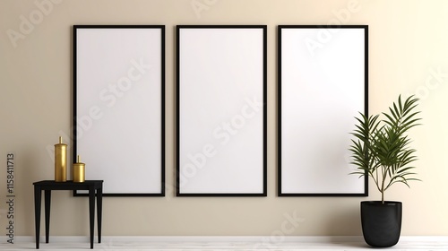 Wallpaper Mural Vertical black trimmed empty frame set against a matte yellow wall with a clean white porcelain floor and contemporary decorative accents creating a minimalist and modern interior design composition Torontodigital.ca