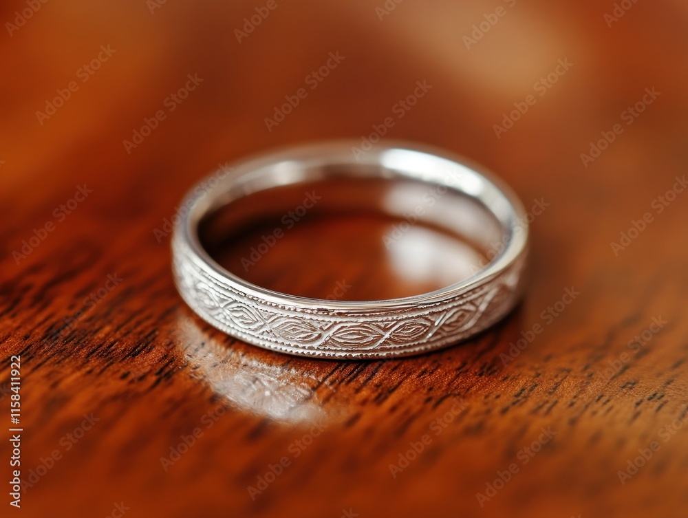 Close-up of a silver wedding band with an engraved design, resting on a polished wooden surface. Close-up of a silver wedding band with an engraved design, resting on a polished wooden surface.