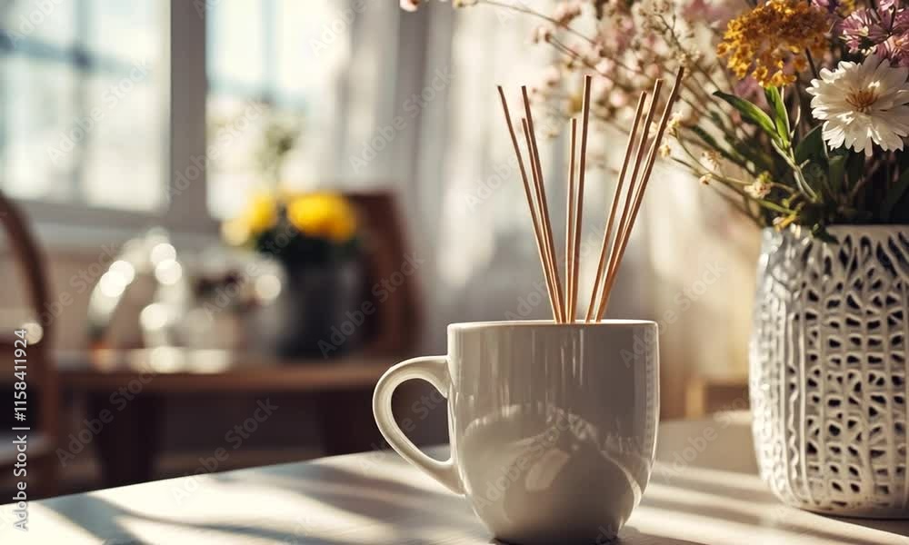 Sunlit Room with Reed Diffuser in Mug and Flower Vase