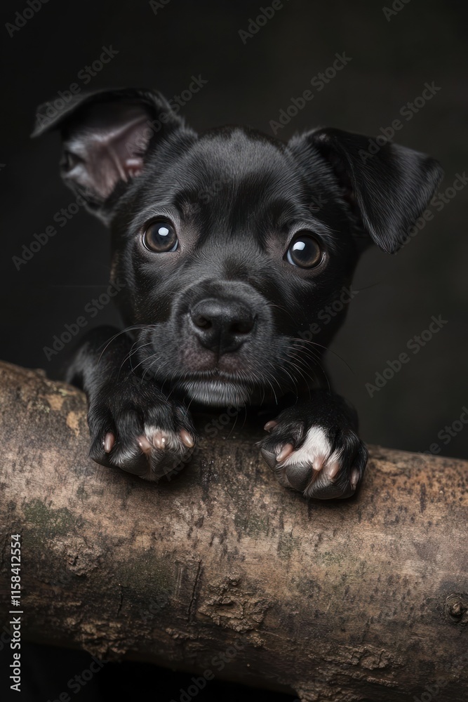 Adorable black puppy peeking over a log, dark background. Adorable black puppy peeking over a log, dark background.