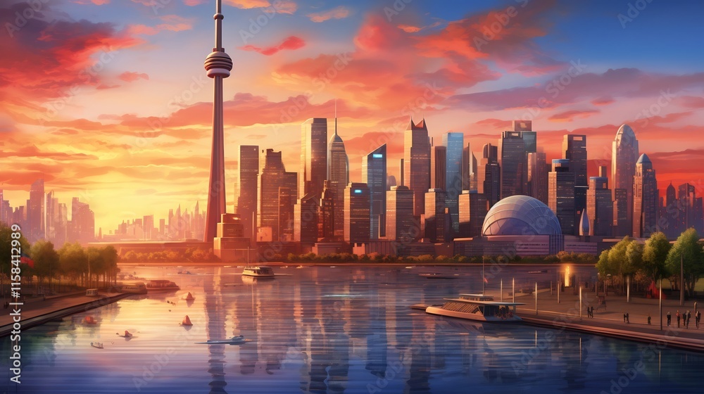 Fototapeta premium Stunning panoramic view of a vibrant and bustling cityscape with iconic towering skyscrapers and landmarks at the break of dawn The streets are alive with activity and energy