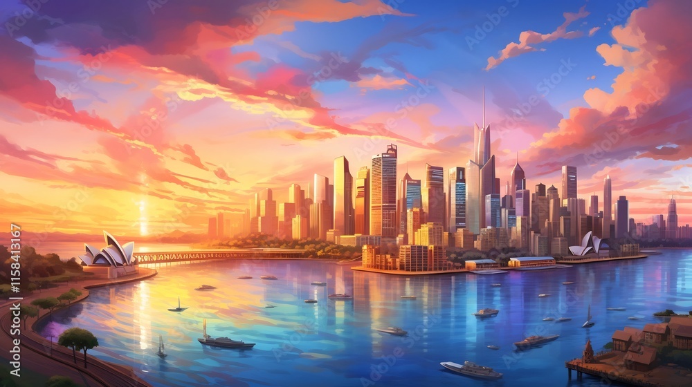 Obraz premium Vibrant and dynamic city skyline at sunrise featuring a panoramic view of iconic high rise buildings towering skyscrapers and a bustling street scene below