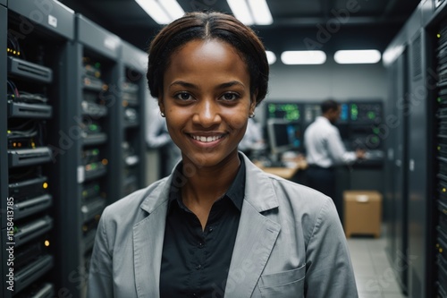 Close portrait of a smiling young Djiboutian female IT worker looking at the camera, against dark server room blurred background. photo