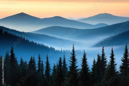 Misty mountain landscape at sunrise, showing layers of blue hills and a foreground of dark evergreen trees.