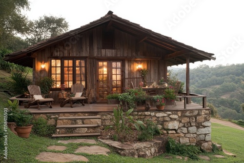 Fototapeta Rustic Wooden Cabin Hillside Mountain View