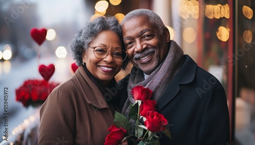 Fototapeta Naklejka Na Ścianę i Meble -  A joyful senior African American couple celebrating Valentine's Day, holding a bouquet of roses in a cityscape with blurred lights in the background.