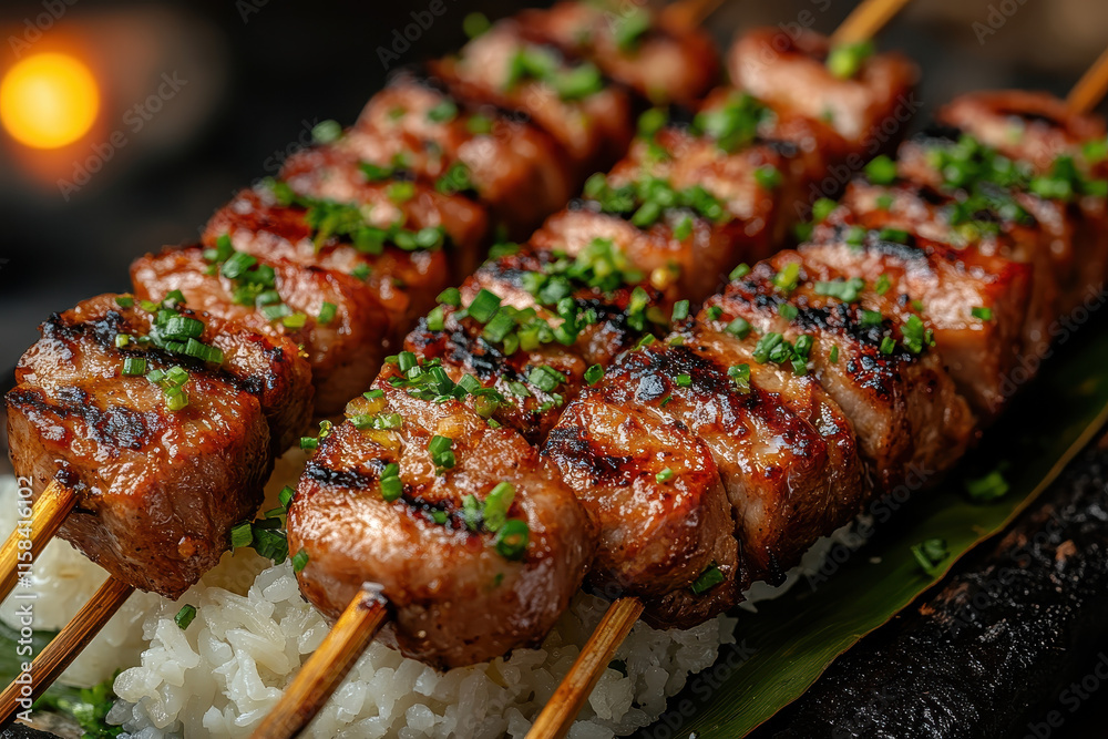Skewered Meat Kebabs, Wooden Sticks, Fresh Herbs on Oriental Dining Table Setting for Advertising or Menu Visuals Skewered Meat Kebabs, Wooden Sticks, Fresh Herbs on Oriental Dining Table Setting for Advertising or Menu Visuals