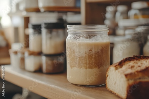 Homemade sourdough starter in a glass jar, next to freshly baked bread. Perfect for baking blogs, healthy lifestyle content, or food photography. photo